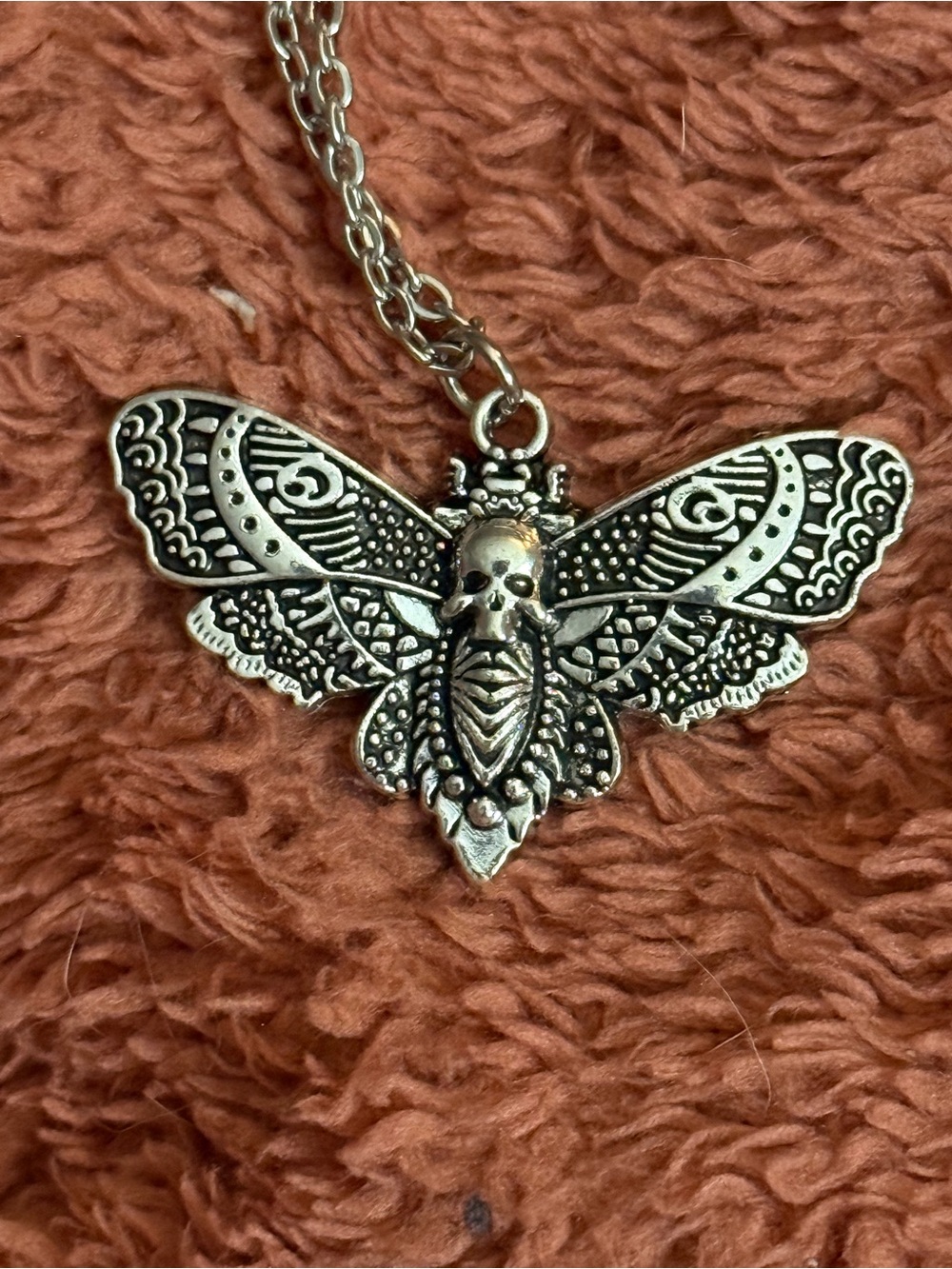 Silver Tone Skull Moth Pendant Necklace - Silver